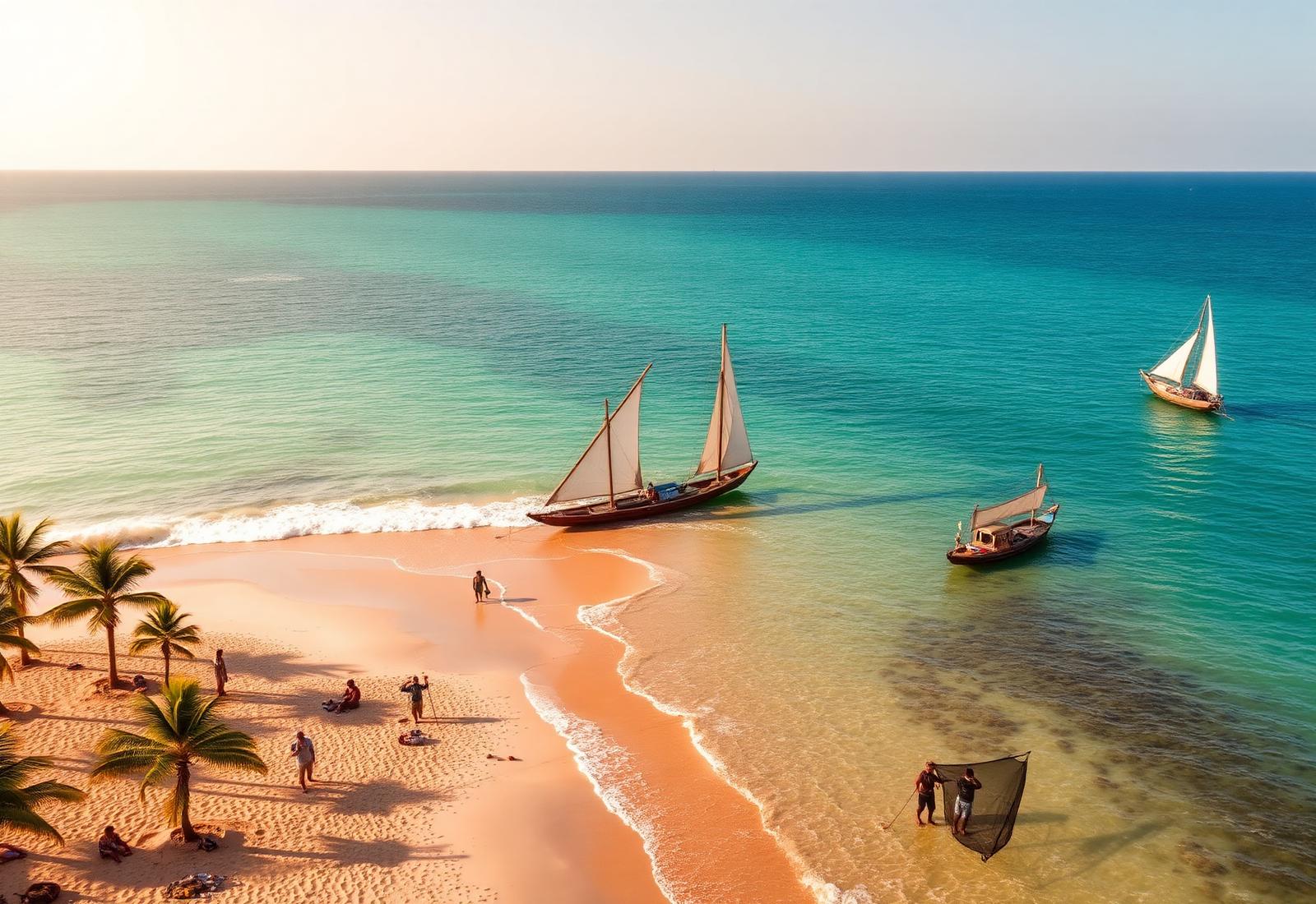 Aerial view of the Kenyan coast with traditional dhow fishing boats